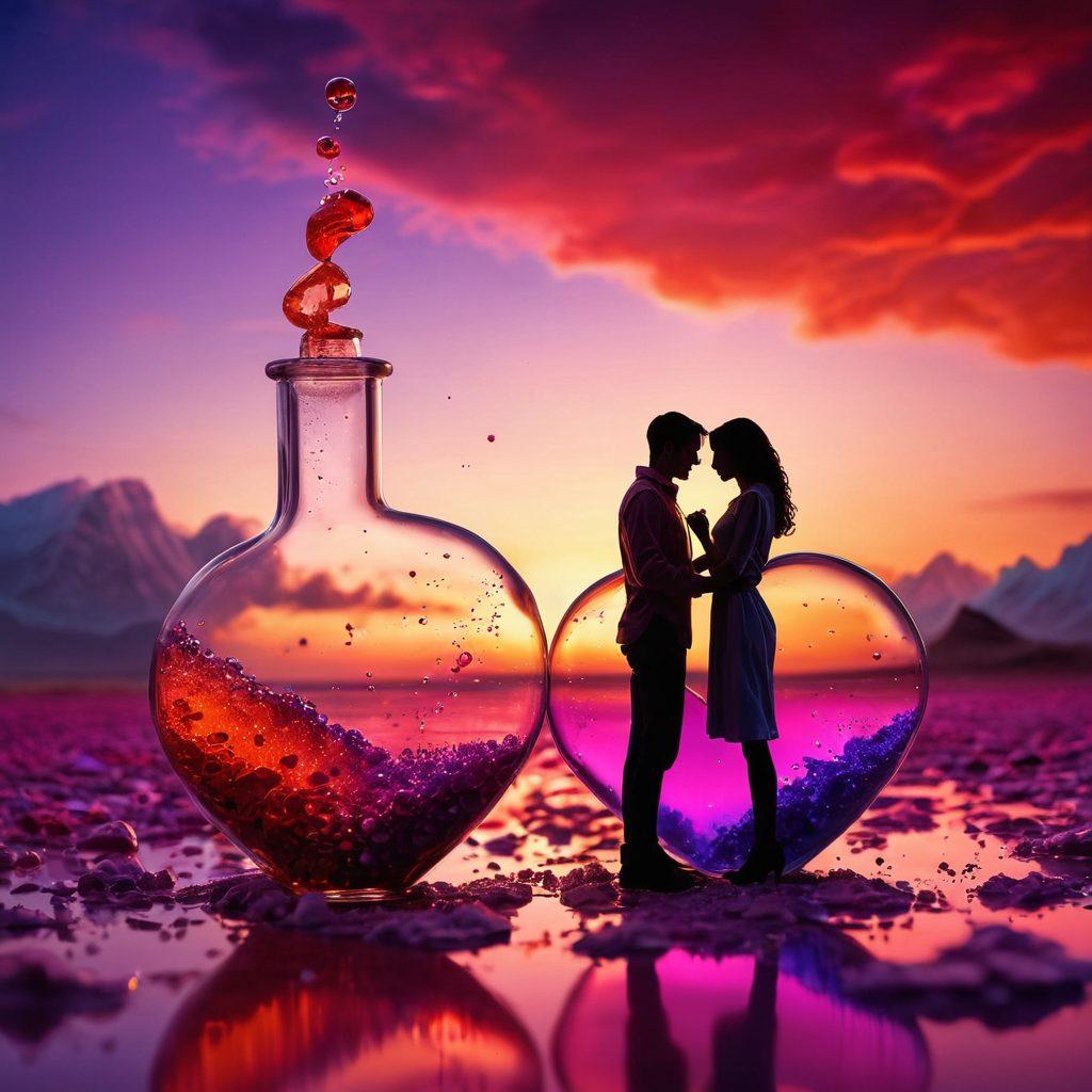 A dynamic scene of a couple surrounded by colorful chemical elements, symbolizing attraction and passion, with playful flirtation illustrated through whimsical heart shapes and interactive vials bubbling over with vibrant potions. The background features a dreamy, romantic sunset blending with deep reds and purples, evoking chemistry and desire. surrealism. vibrant colors. dreamy atmosphere.