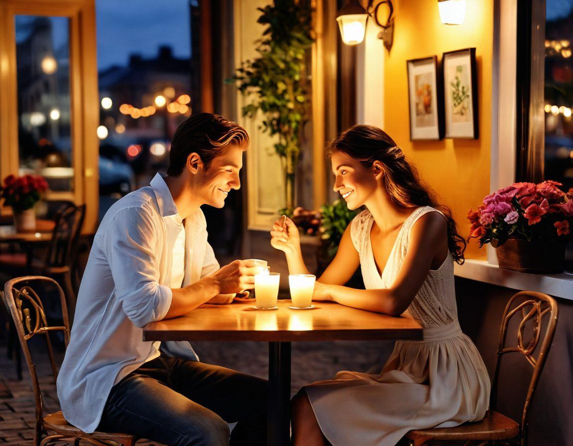 A romantic scene depicting a couple in a charming café, sharing flirty glances over coffee, surrounded by soft candlelight and flowers on the table. The background features a cozy atmosphere with subtle hints of passion, like intertwined hands and warm smiles. The ambiance captures the transition from playful flirtation to deep connection, evoking a sense of longing and desire. soft focus. vibrant colors. romantic style.