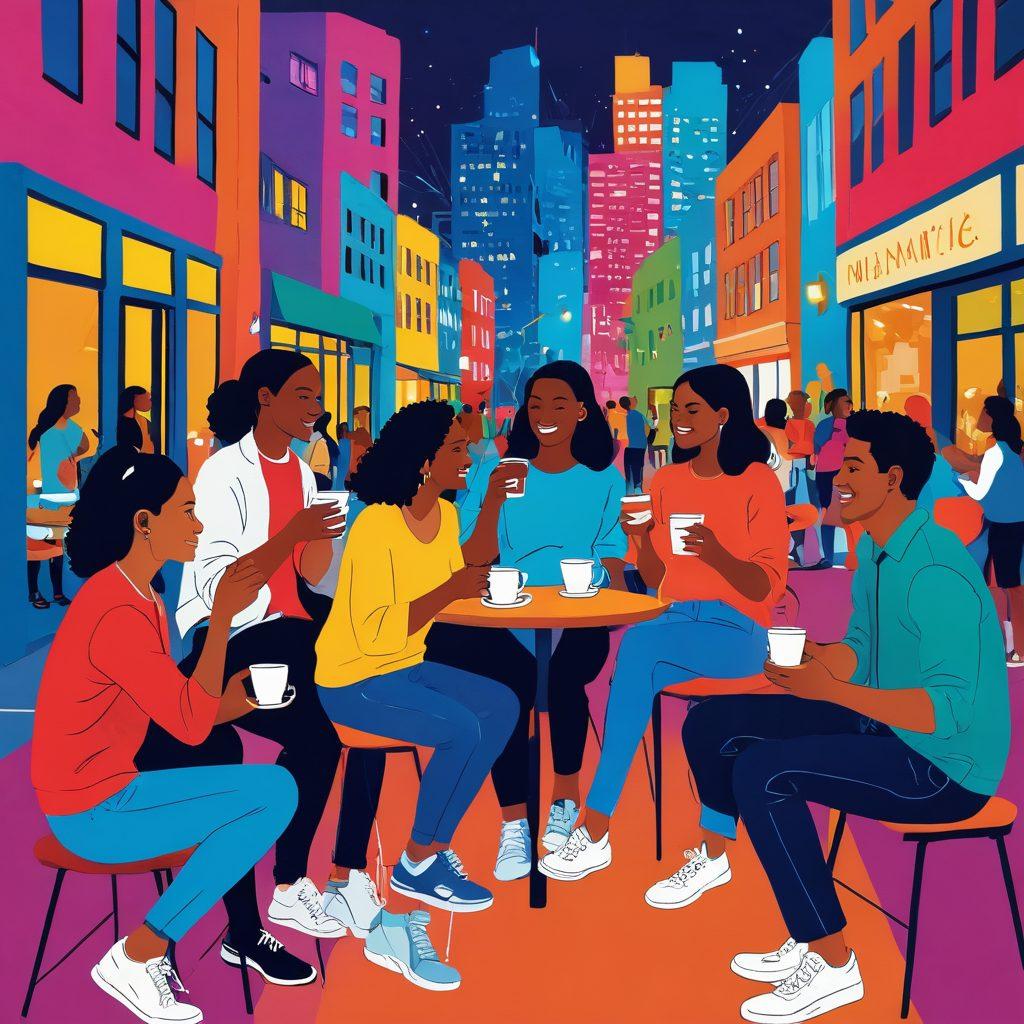 An abstract representation of diverse individuals interacting in a vibrant urban setting, showcasing various forms of connection through body language and expressions. Highlight a colorful mix of casual outfits, smiling faces, and dynamic gestures, infused with elements like coffee cups, smartphones, and city lights in the background. The atmosphere should feel lively yet intimate, depicting the balance between casual dating and meaningful connections. colorful illustration. modern style. vibrant colors.